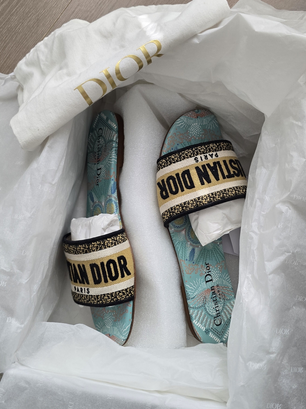Dior Turquoise Embroidered Slide Sandals - Picture 3 of 4